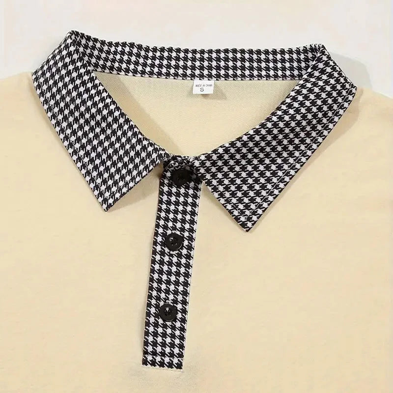 Men Contrast Plaid Lapel Long Sleeve Polo Shirt