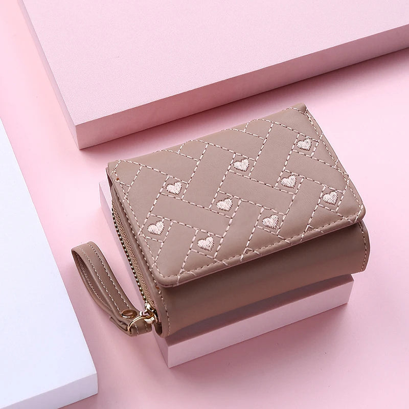 Women's Wallet Tri Fold Card Bag PU Multi Objects Pocket Short Fashion Embroidered Love Pattern Korean Minimalist New 2023