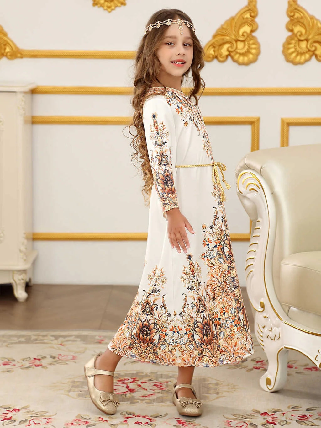 Children's Clothing Arabian Turkish Robes Girls Long Sleeve Floral Dress For Kids Muslim Festive Formal Ceremony Banquet Dress