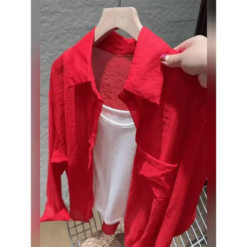 Women's Red Polo Collar Long Sleeve Sun Protection Shirt French Style Lazy Casual Versatile Slim Fit Blouse Spring Autumn Tops