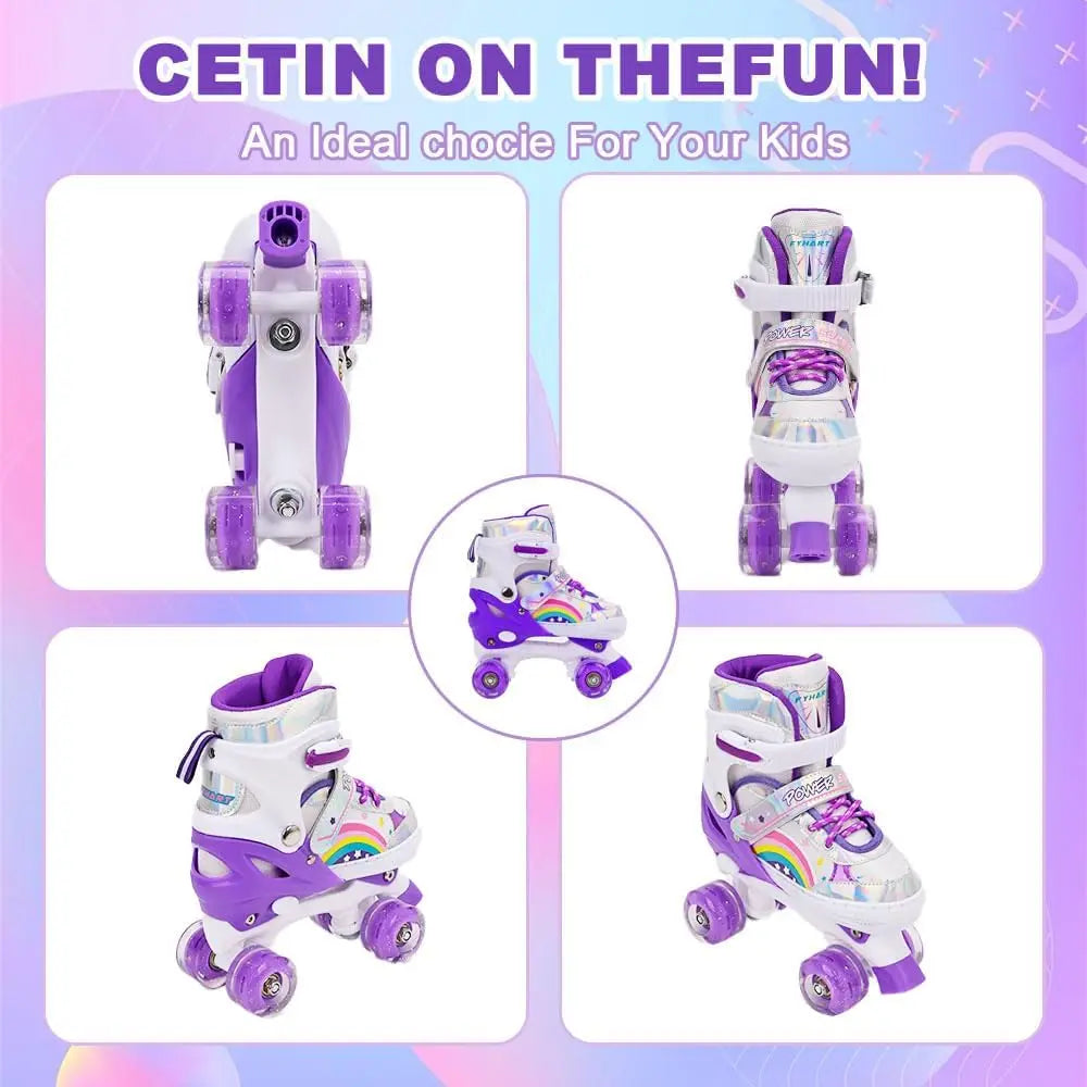 Boys Girls Kids Skates Children Roller Skates Skating Shoes Sliding Adjustable Quad Sneakers PU Flashing 4 Wheels Roller Skates