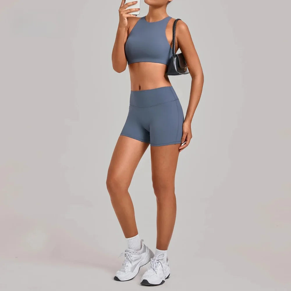 Gym Workout Clothing Detachable Chest Pad Cross Back Vest Yoga Shorts Sets Tight Quick-Dry Fitness Sports Shorts Suits for Women