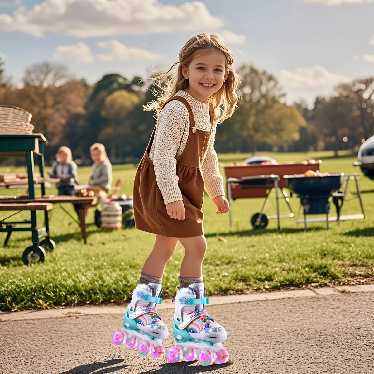 Boys Girls Kids Skates Children Roller Skates Skating Shoes Sliding Adjustable Quad Sneakers PU Flashing 4 Wheels Roller Skates