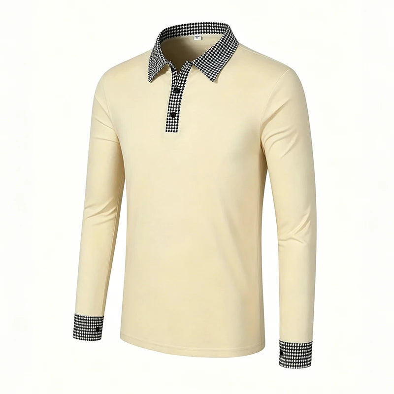 Men Contrast Plaid Lapel Long Sleeve Polo Shirt