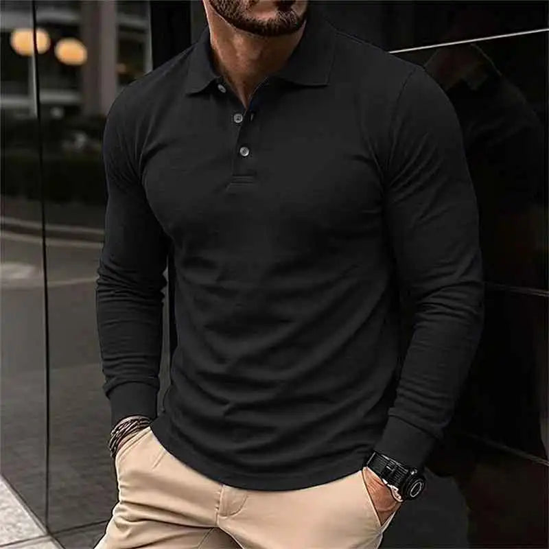Men's Long Sleeve Henry Polo Shirts Spring Autumn Smart Casual Breathable Comfortable Polo Shirt Solid High Quality Male T-Shirt