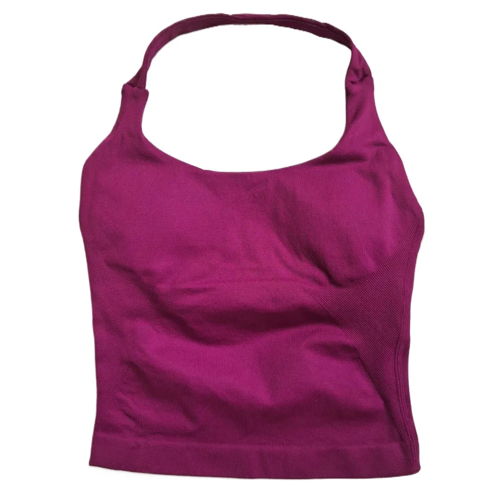 Gym Top Women Clothes Strappy Workout Tank Top Padded Sports Bra Backless Yoga Shirts Seamless Gym Crop Top Halter Fitness Vest