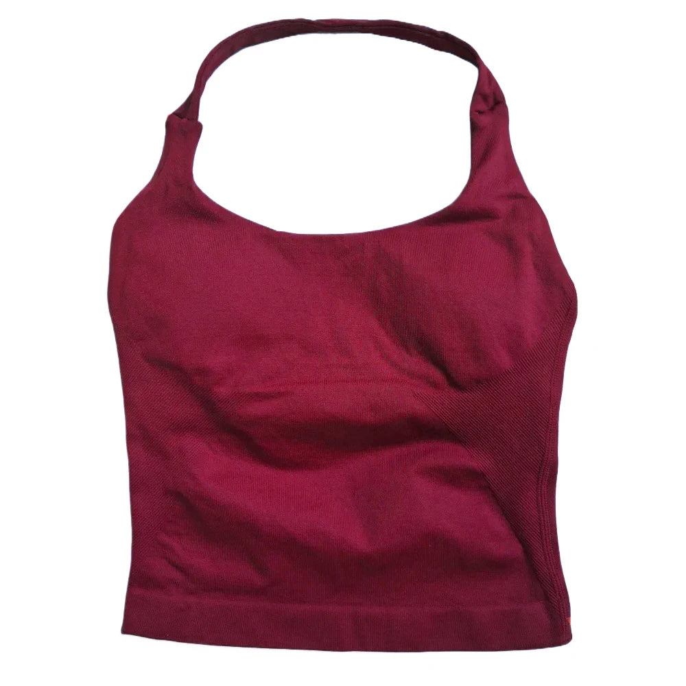 Gym Top Women Clothes Strappy Workout Tank Top Padded Sports Bra Backless Yoga Shirts Seamless Gym Crop Top Halter Fitness Vest