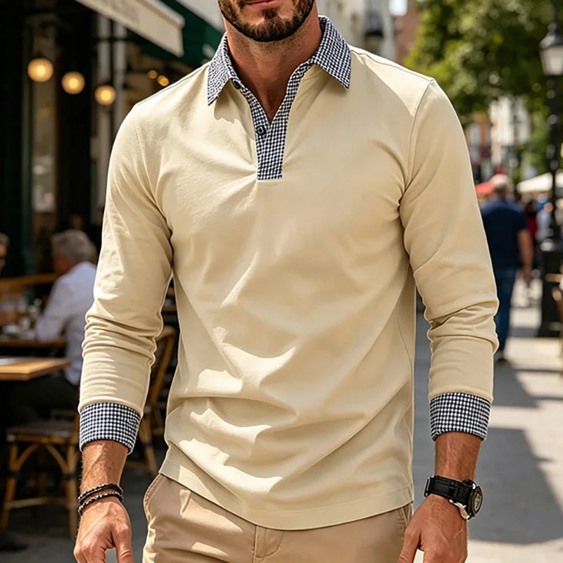 Men Contrast Plaid Lapel Long Sleeve Polo Shirt