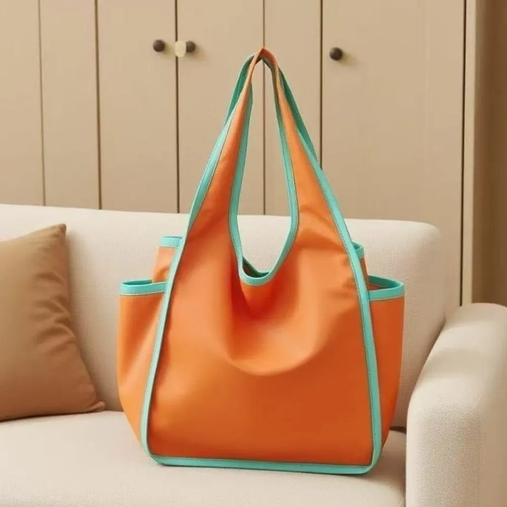 Reusable Large Capacity Shopping Bag Waterproof Foldable Tote Bag Color Blocking Polyester Eco-Friendly Bag Grocery