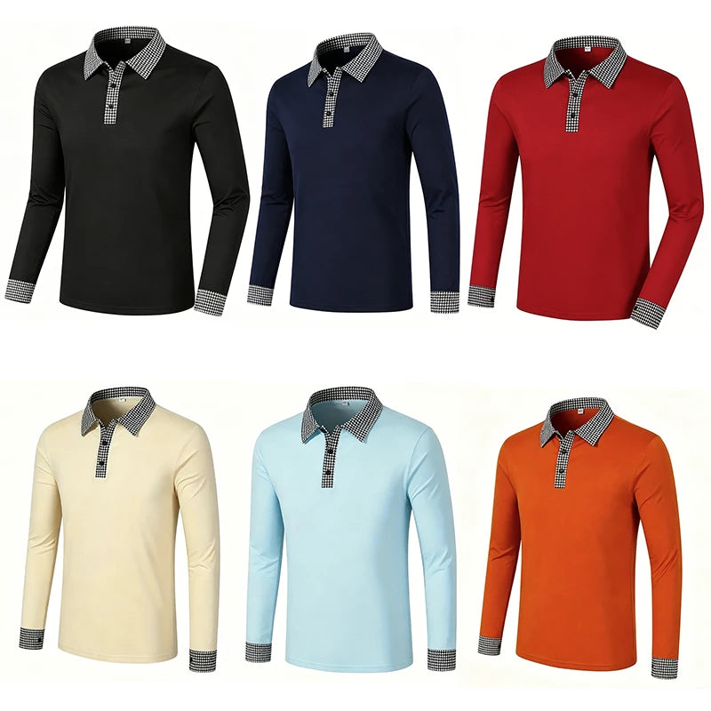 Men Contrast Plaid Lapel Long Sleeve Polo Shirt