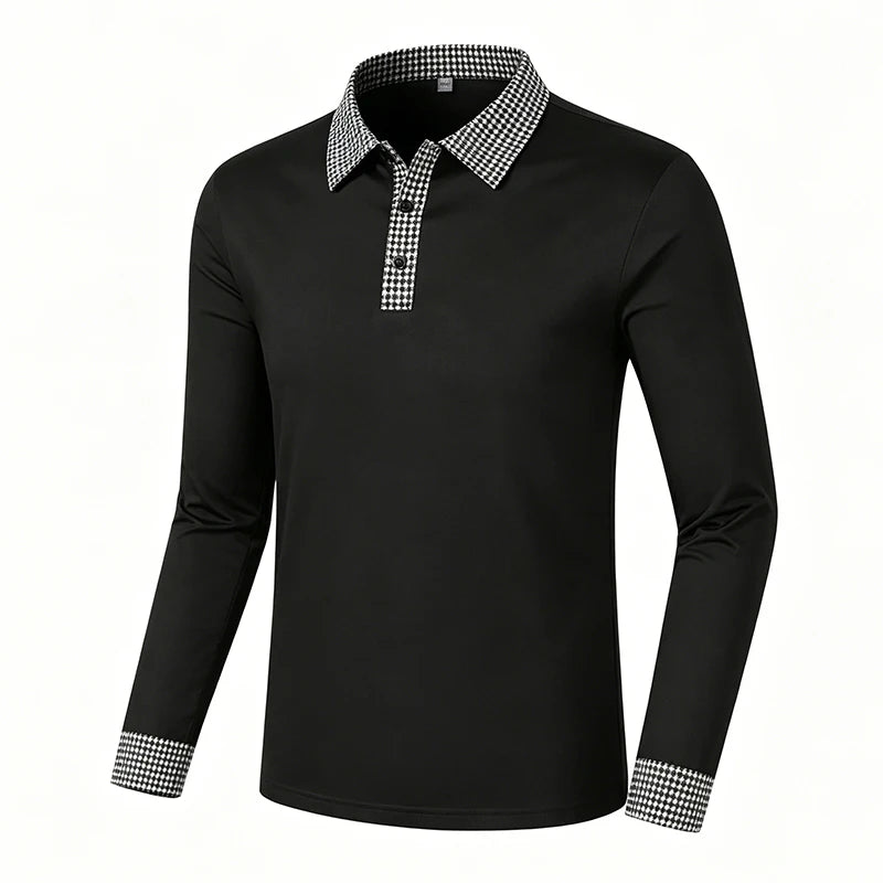 Men Contrast Plaid Lapel Long Sleeve Polo Shirt