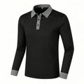 Men Contrast Plaid Lapel Long Sleeve Polo Shirt