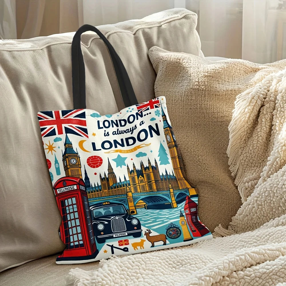 Reusable Grocery Tote Bag Women London-Themed Design Big Ben Red Phone Booths Union Jack Polyester Large Capacity Shopping Bag