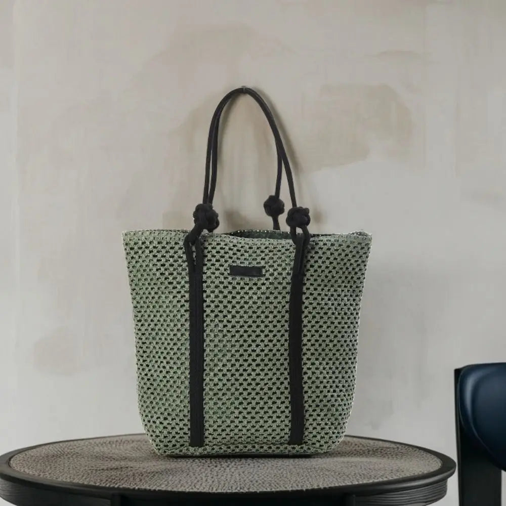 Handmade Straw Woven Bags Large Capacity Solid Color Shopping Tote Bag Portable Zipper Closure Weaving Underarm Bags Outing