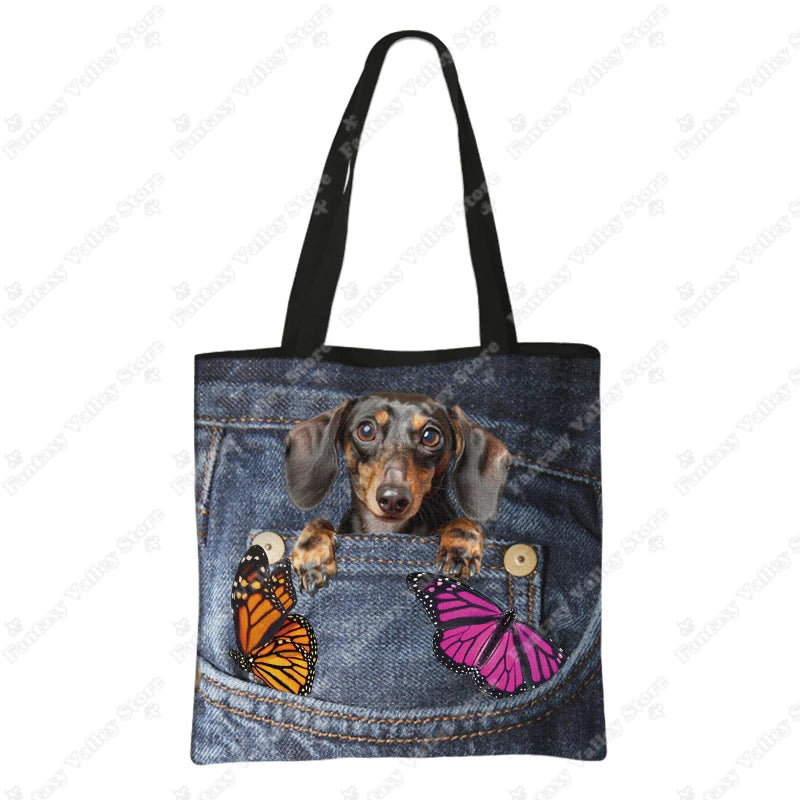 Funny Pocket Dog Shopping Bags Pet Bulldog Dachshund Beagle Schnauzer Dogs Tote Bag Large Capacity Storage Bag Women Handbag