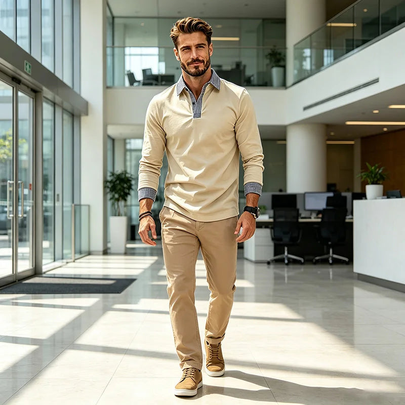 Men Contrast Plaid Lapel Long Sleeve Polo Shirt