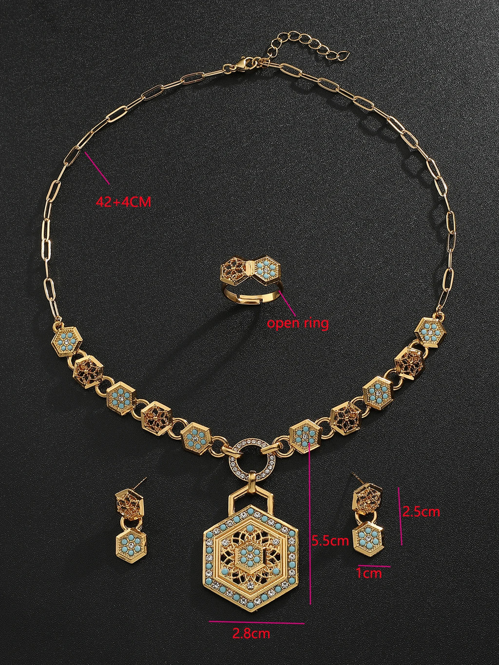 Vintage diamond Turquoise Jewelry Set  For Women Gold Pendant Necklace Earrings Ring Trendy Aesthetic Jewelry Accessories
