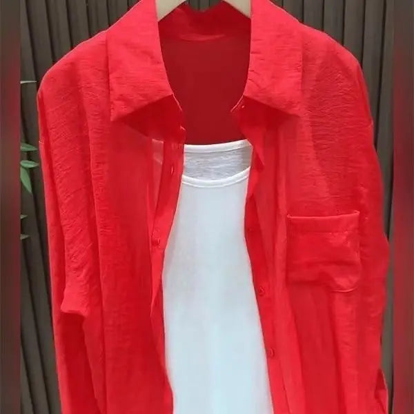 Women's Red Polo Collar Long Sleeve Sun Protection Shirt French Style Lazy Casual Versatile Slim Fit Blouse Spring Autumn Tops