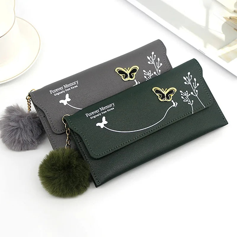 Fashionable New Women Long Wallets Pure Color Butterfly Wool Ball Bow Clutch Bag Women's Long Bag Card Bag Coin Purse Money Bag