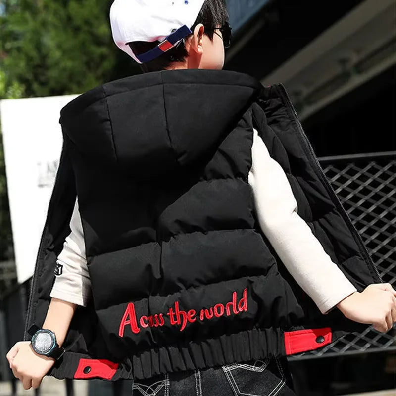 Children's Clothing Boys' Vest Autumn and Winter 2025 New Thickened Hooded Vest for Older Children Winter Style Vest 12 Years Old Trendy