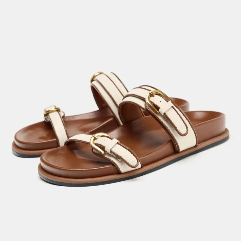 Summer Women's Platform Slippers Flat Shoes with Metal Buckle Decor Comfortable Non Slip Narrow Band Casual Shoes