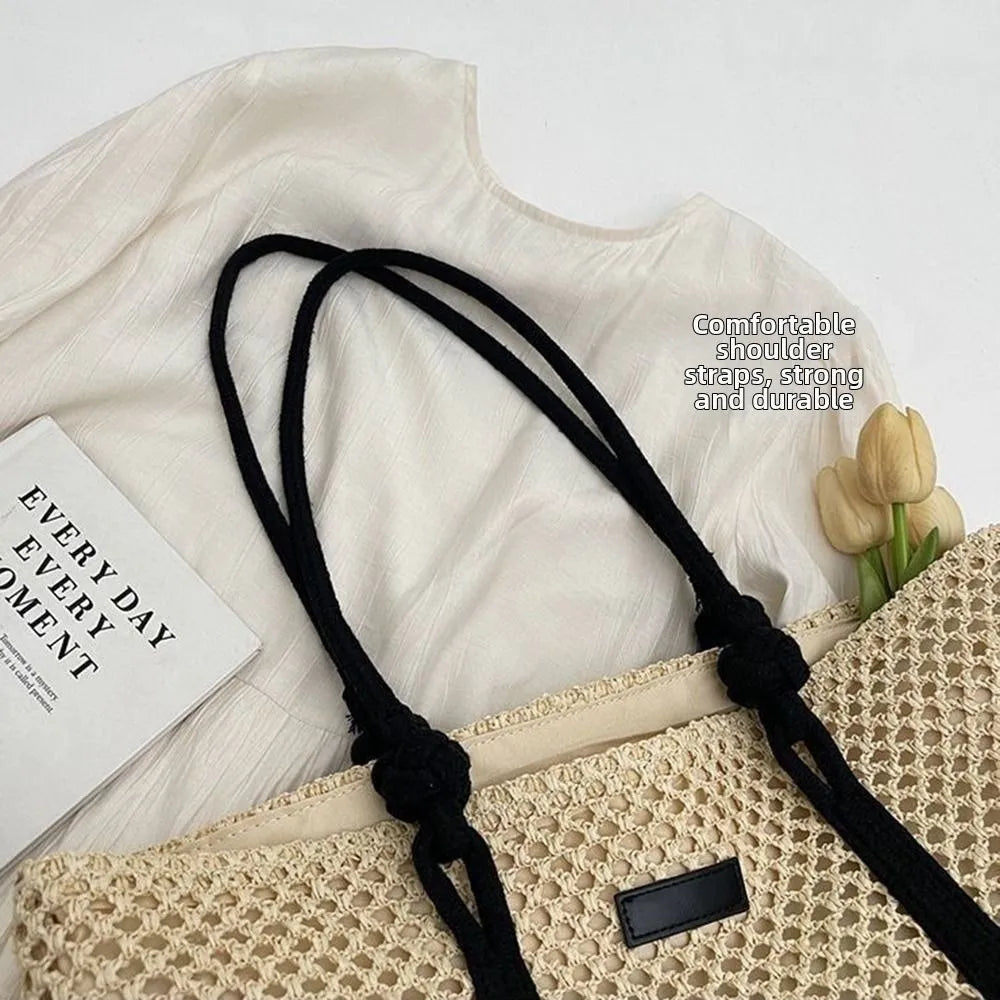 Handmade Straw Woven Bags Large Capacity Solid Color Shopping Tote Bag Portable Zipper Closure Weaving Underarm Bags Outing