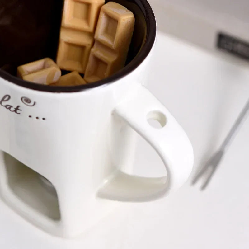 130ML European Candle Cup Cheese Chocolate Melting Ceramic Mug Heating Food Ceramic Mug with Fork Creative Coffee Mug Tableware