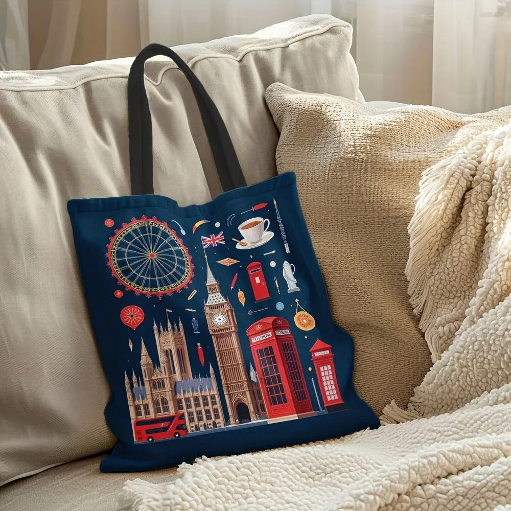 Reusable Grocery Tote Bag Women London-Themed Design Big Ben Red Phone Booths Union Jack Polyester Large Capacity Shopping Bag