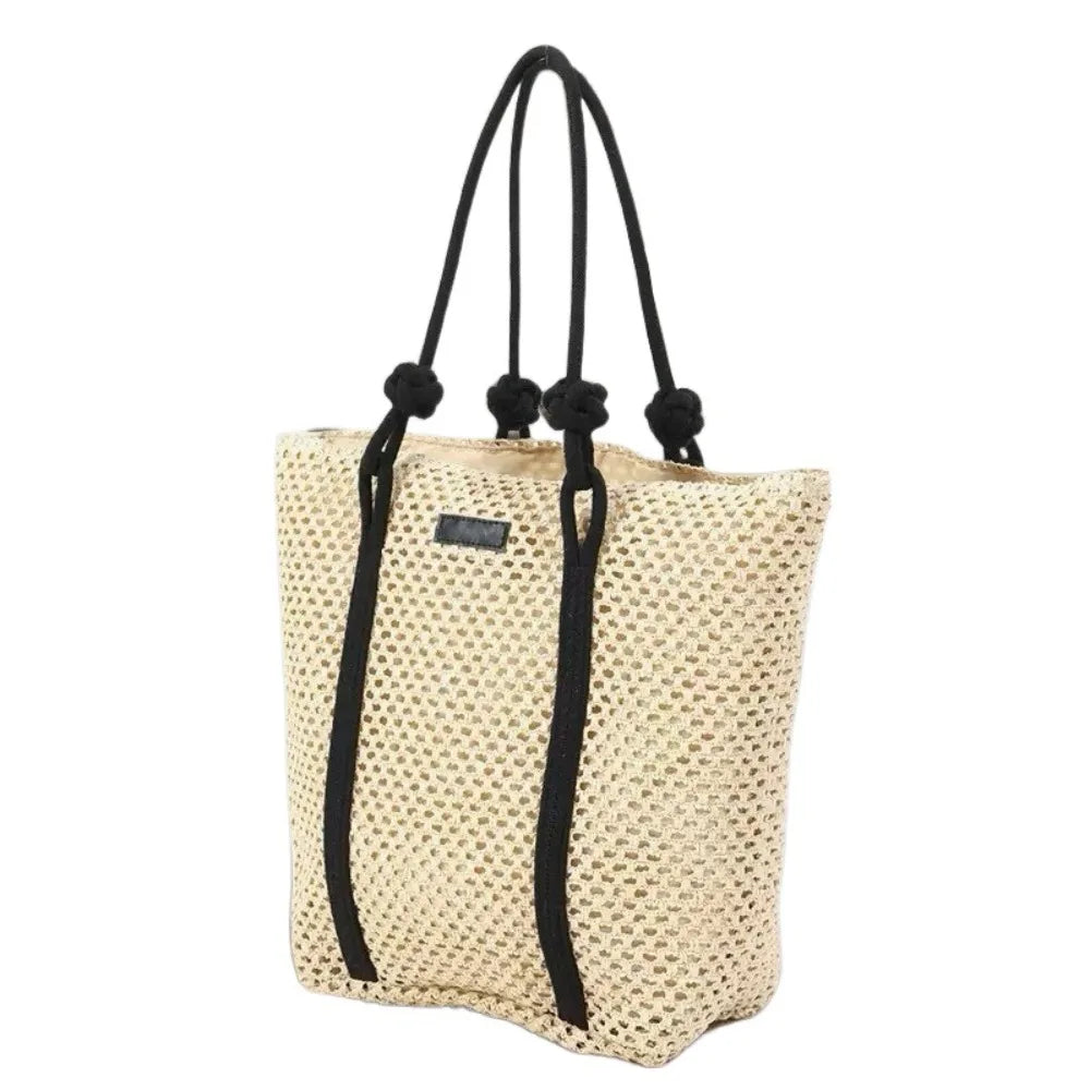 Handmade Straw Woven Bags Large Capacity Solid Color Shopping Tote Bag Portable Zipper Closure Weaving Underarm Bags Outing