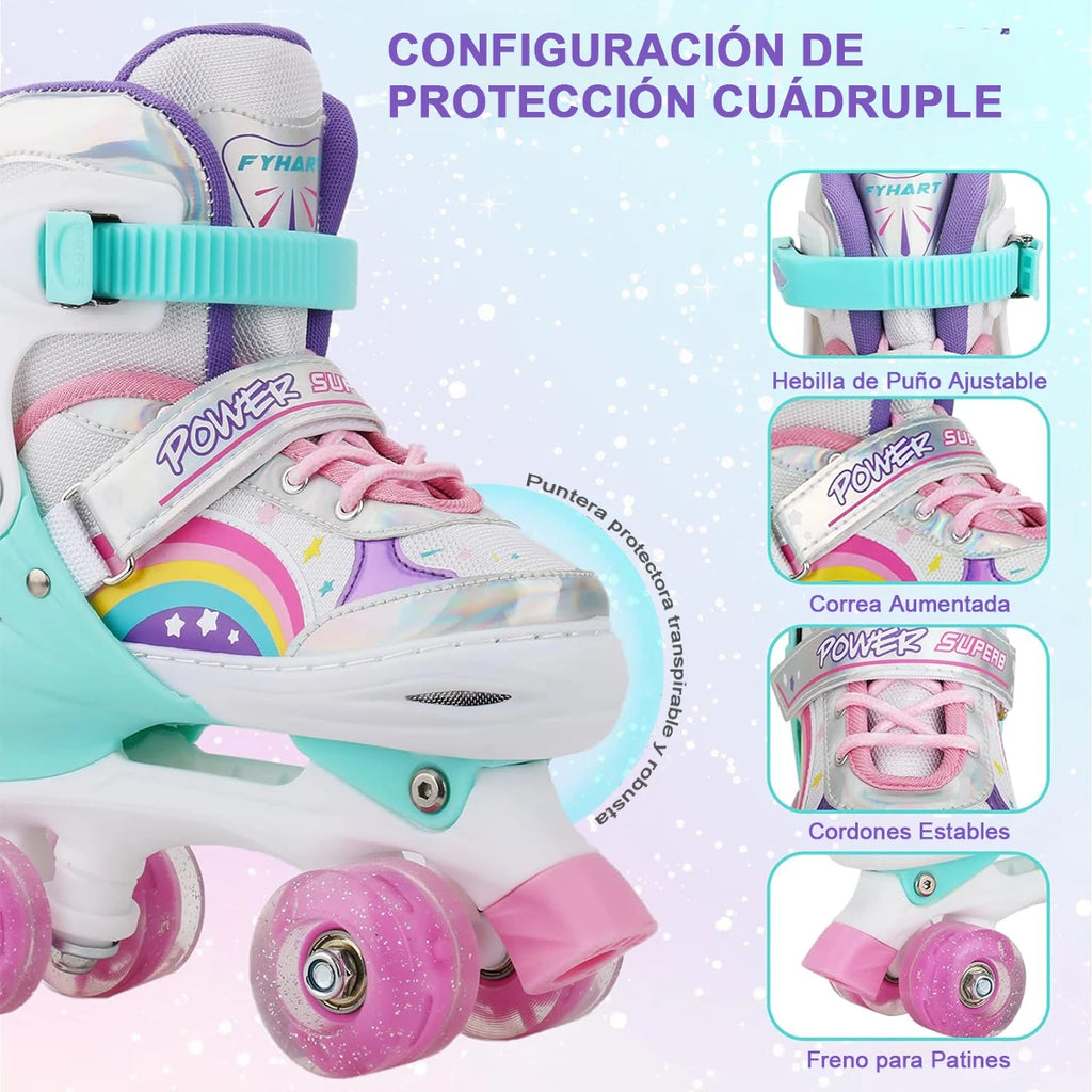 Boys Girls Kids Skates Children Roller Skates Skating Shoes Sliding Adjustable Quad Sneakers PU Flashing 4 Wheels Roller Skates