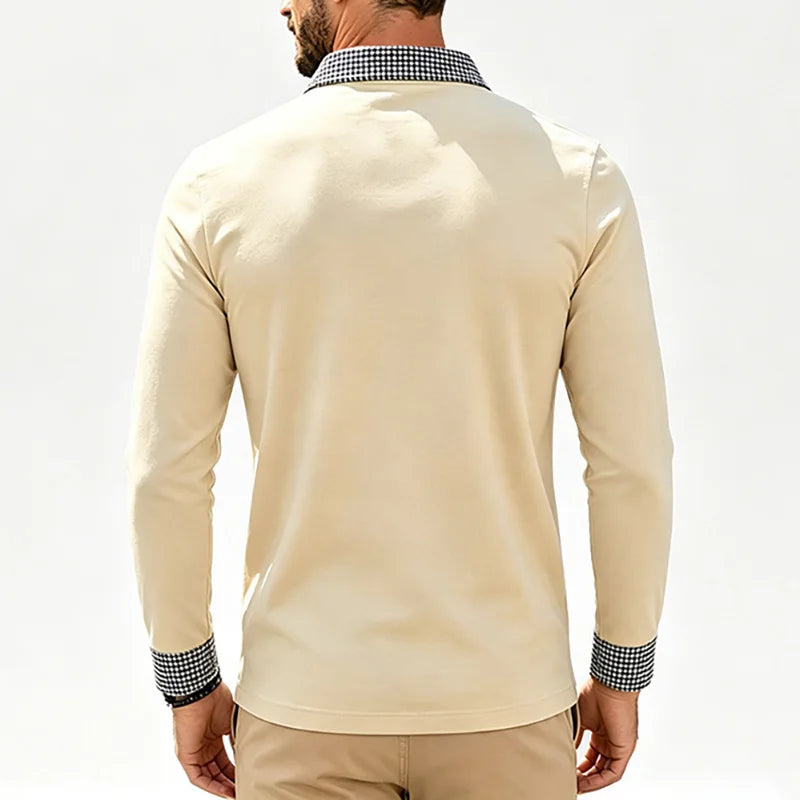 Men Contrast Plaid Lapel Long Sleeve Polo Shirt