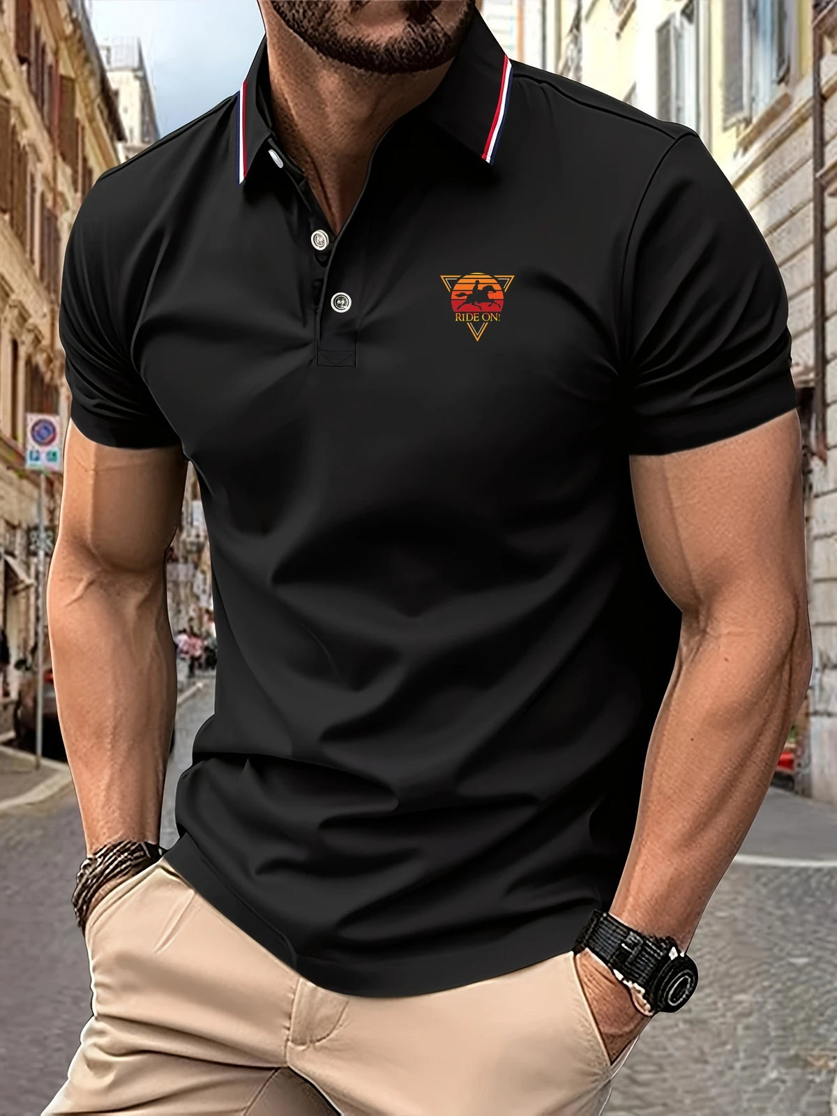 Polo Shirt Man RIDE ON! Graphic Print Summer Casual Breathable Striped Collar High Quality Men's Short Sleeve T-Shirt