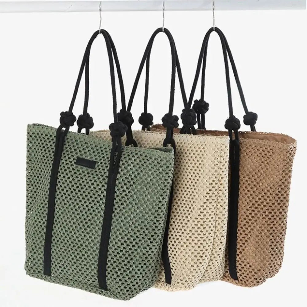 Handmade Straw Woven Bags Large Capacity Solid Color Shopping Tote Bag Portable Zipper Closure Weaving Underarm Bags Outing