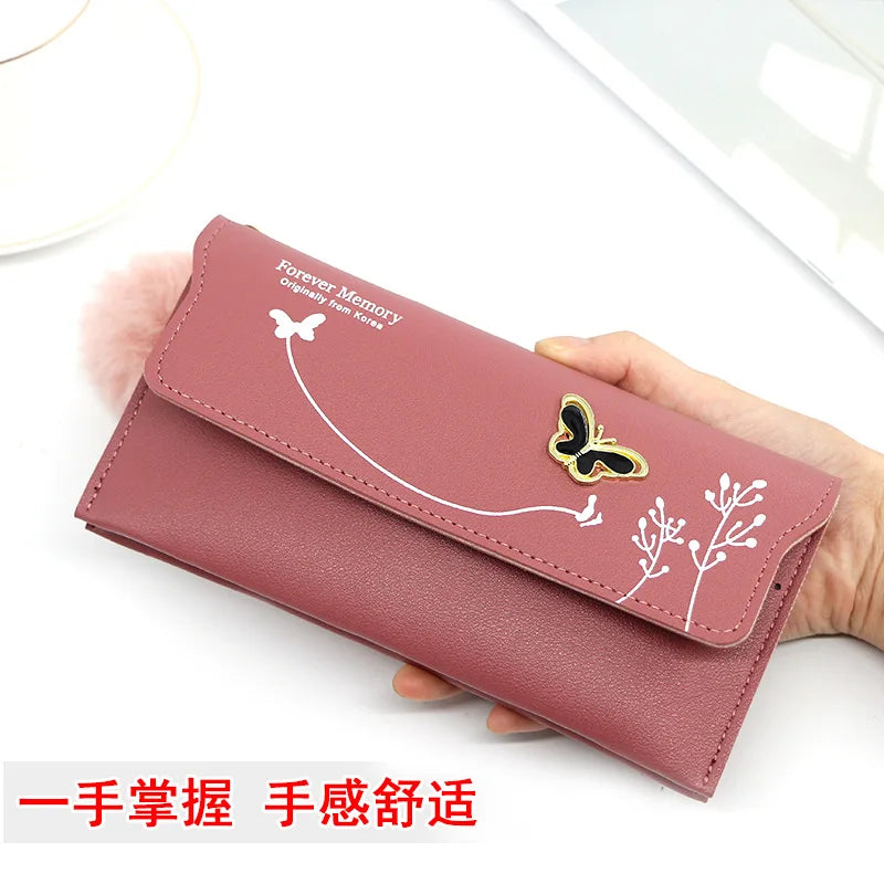 Fashionable New Women Long Wallets Pure Color Butterfly Wool Ball Bow Clutch Bag Women's Long Bag Card Bag Coin Purse Money Bag