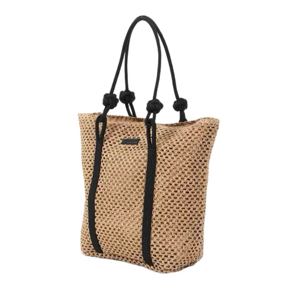 Handmade Straw Woven Bags Large Capacity Solid Color Shopping Tote Bag Portable Zipper Closure Weaving Underarm Bags Outing