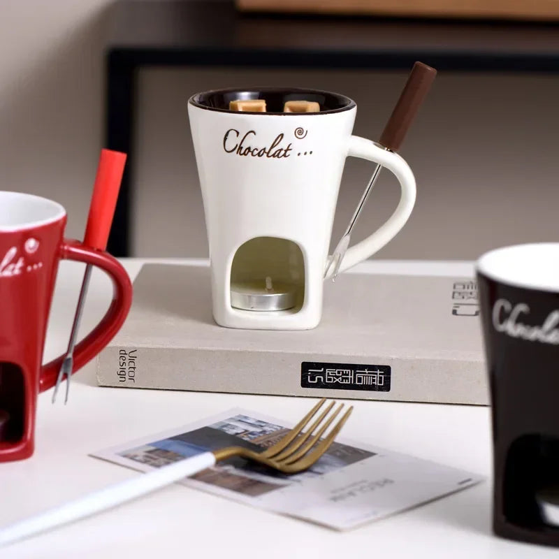 130ML European Candle Cup Cheese Chocolate Melting Ceramic Mug Heating Food Ceramic Mug with Fork Creative Coffee Mug Tableware