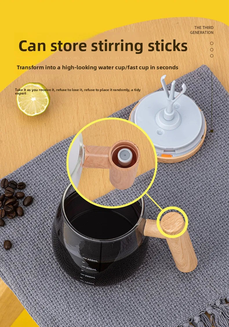 Self-stirring Coffee Cup Portable Electric Self Mixing Mug with Wooden Handle for Coffee Milk Rechargeable Automatic Glass Cup
