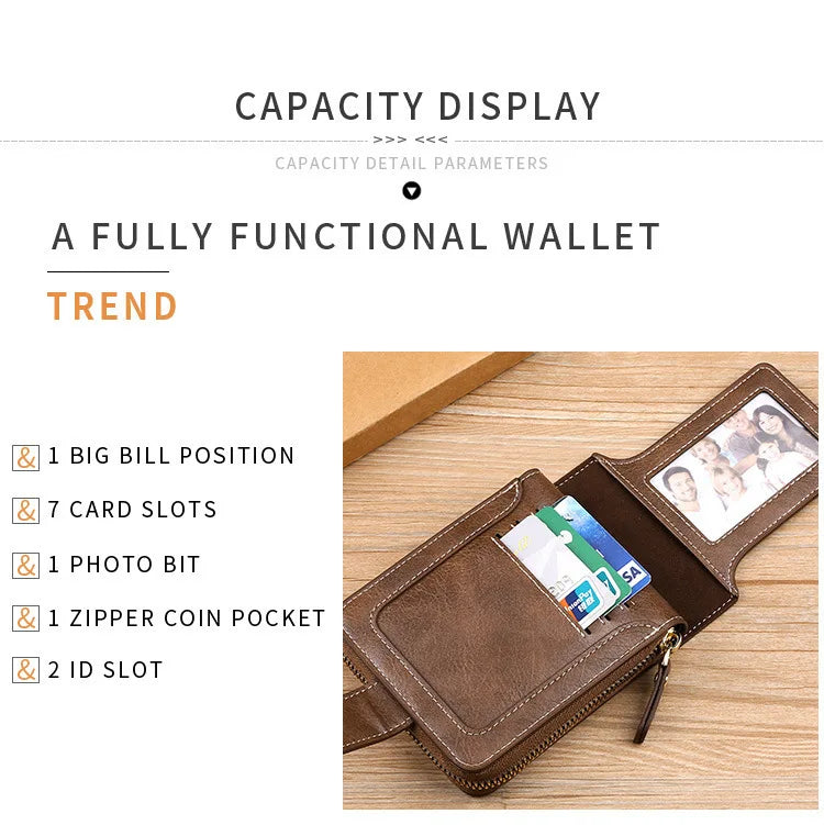 Retro Horizontal Wallet – Large Capacity with 7 Card Slots, Zipper Coin Pocket & ID Window, Driver’s License Holder