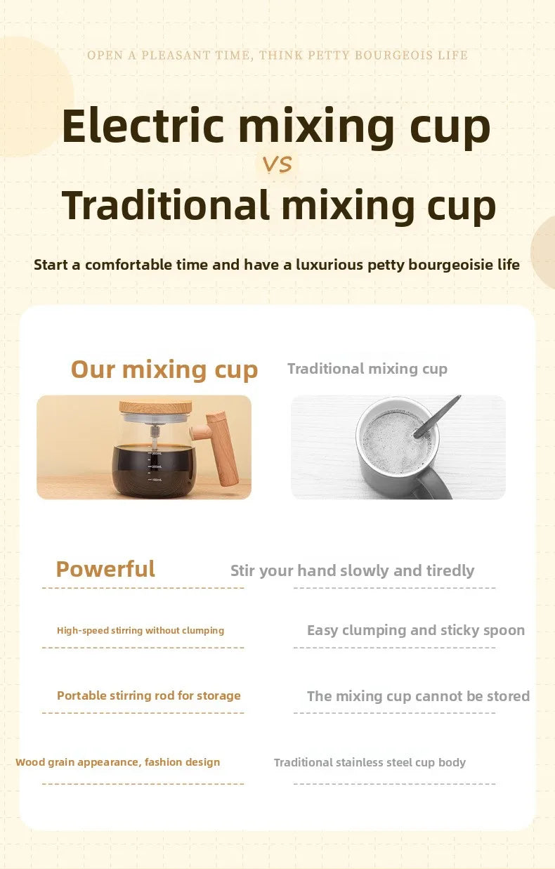 Self-stirring Coffee Cup Portable Electric Self Mixing Mug with Wooden Handle for Coffee Milk Rechargeable Automatic Glass Cup