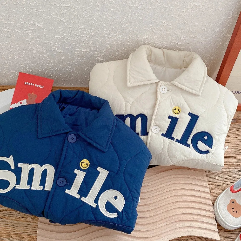 Winter Children's Clothing Baby Boys Smile Jacket Coats Kids Cotton Clothes Toddler Girls Lapel Outerwear Embroidery Tops 0-6Yrs