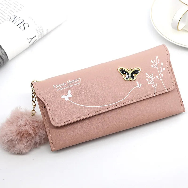 Fashionable New Women Long Wallets Pure Color Butterfly Wool Ball Bow Clutch Bag Women's Long Bag Card Bag Coin Purse Money Bag
