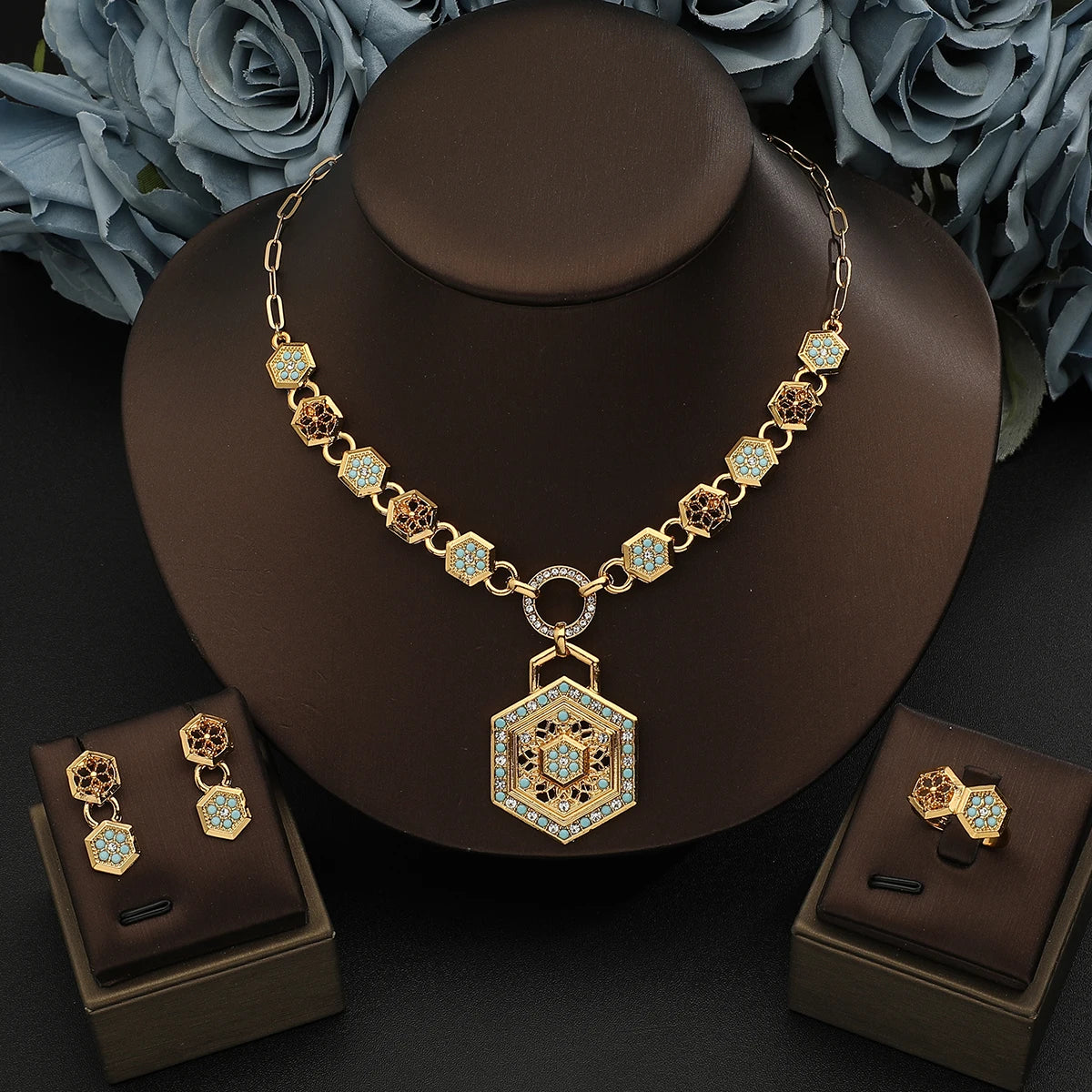 Vintage diamond Turquoise Jewelry Set  For Women Gold Pendant Necklace Earrings Ring Trendy Aesthetic Jewelry Accessories