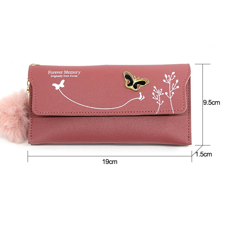 Fashionable New Women Long Wallets Pure Color Butterfly Wool Ball Bow Clutch Bag Women's Long Bag Card Bag Coin Purse Money Bag