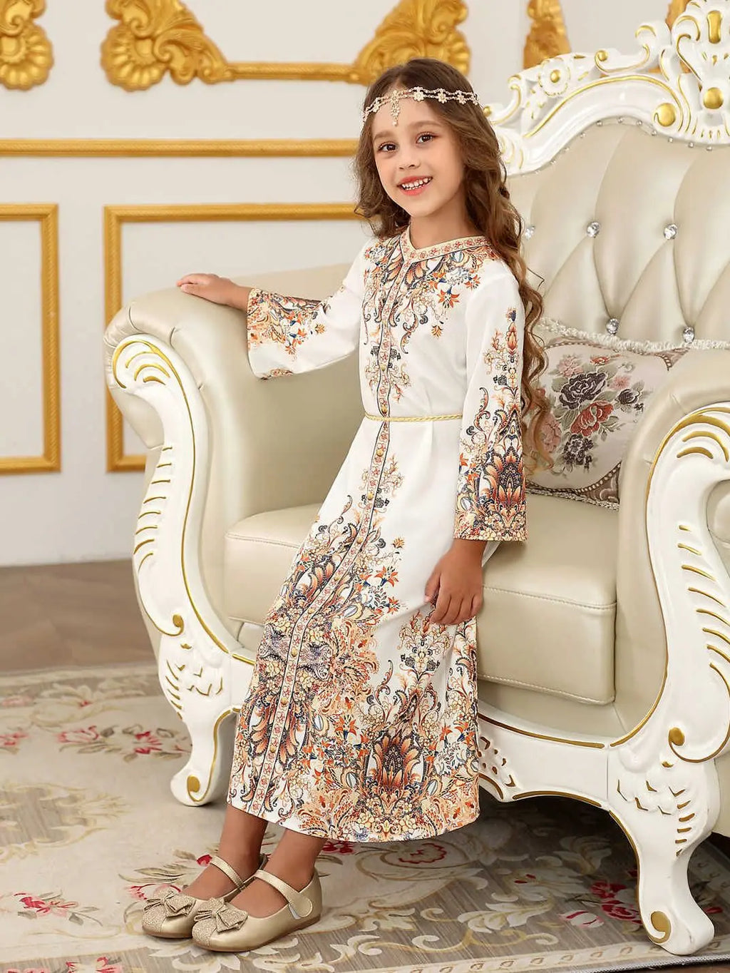 Children's Clothing Arabian Turkish Robes Girls Long Sleeve Floral Dress For Kids Muslim Festive Formal Ceremony Banquet Dress
