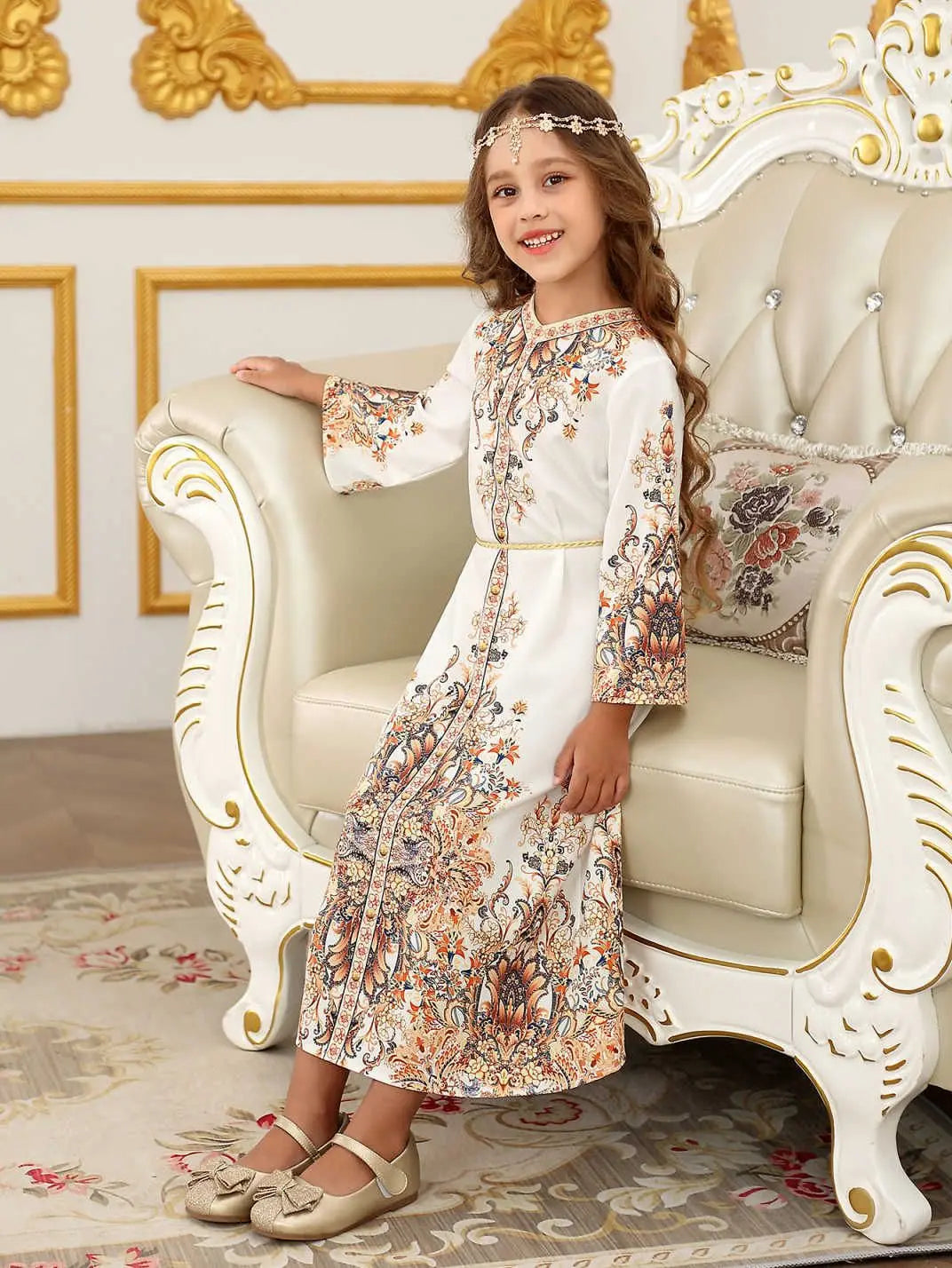 Children's Clothing Arabian Turkish Robes Girls Long Sleeve Floral Dress For Kids Muslim Festive Formal Ceremony Banquet Dress