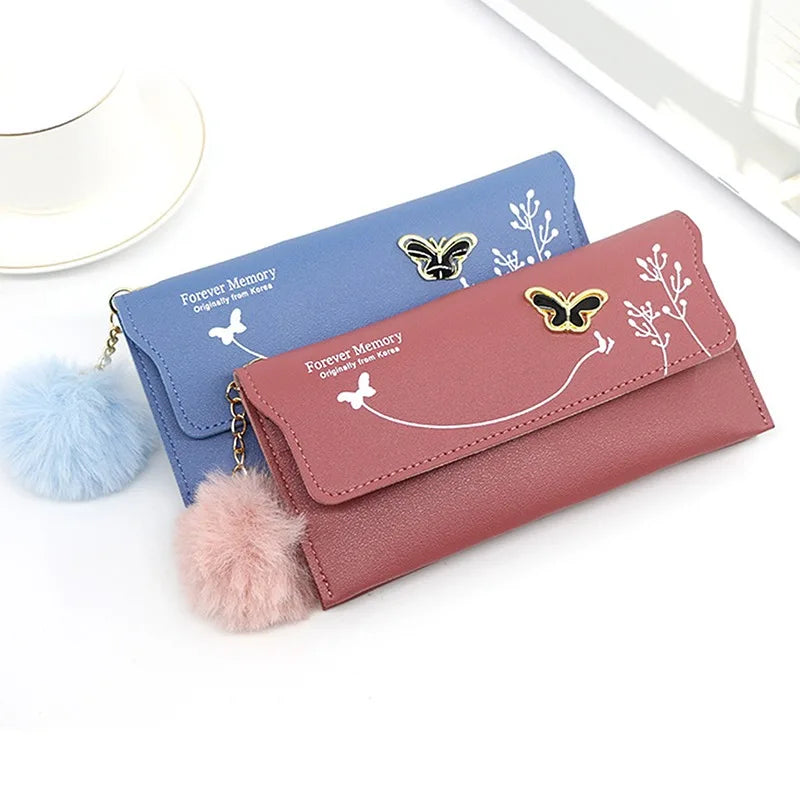 Fashionable New Women Long Wallets Pure Color Butterfly Wool Ball Bow Clutch Bag Women's Long Bag Card Bag Coin Purse Money Bag