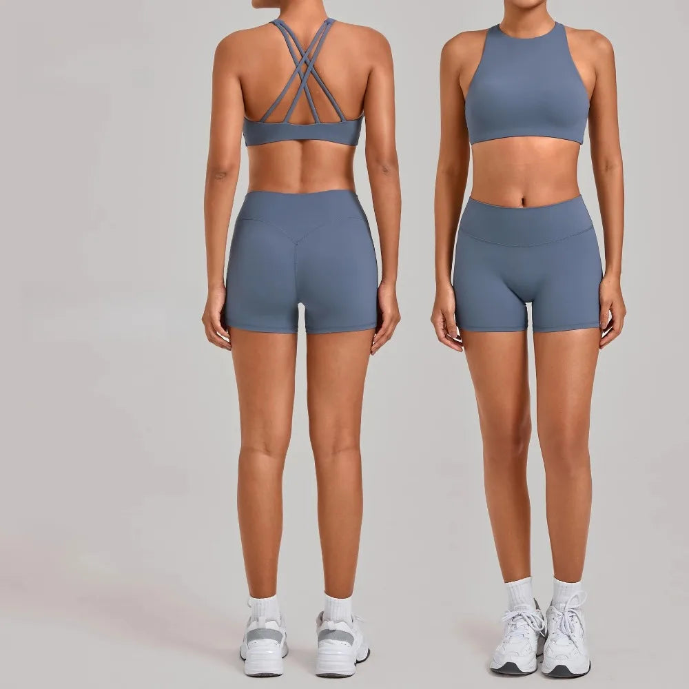 Gym Workout Clothing Detachable Chest Pad Cross Back Vest Yoga Shorts Sets Tight Quick-Dry Fitness Sports Shorts Suits for Women