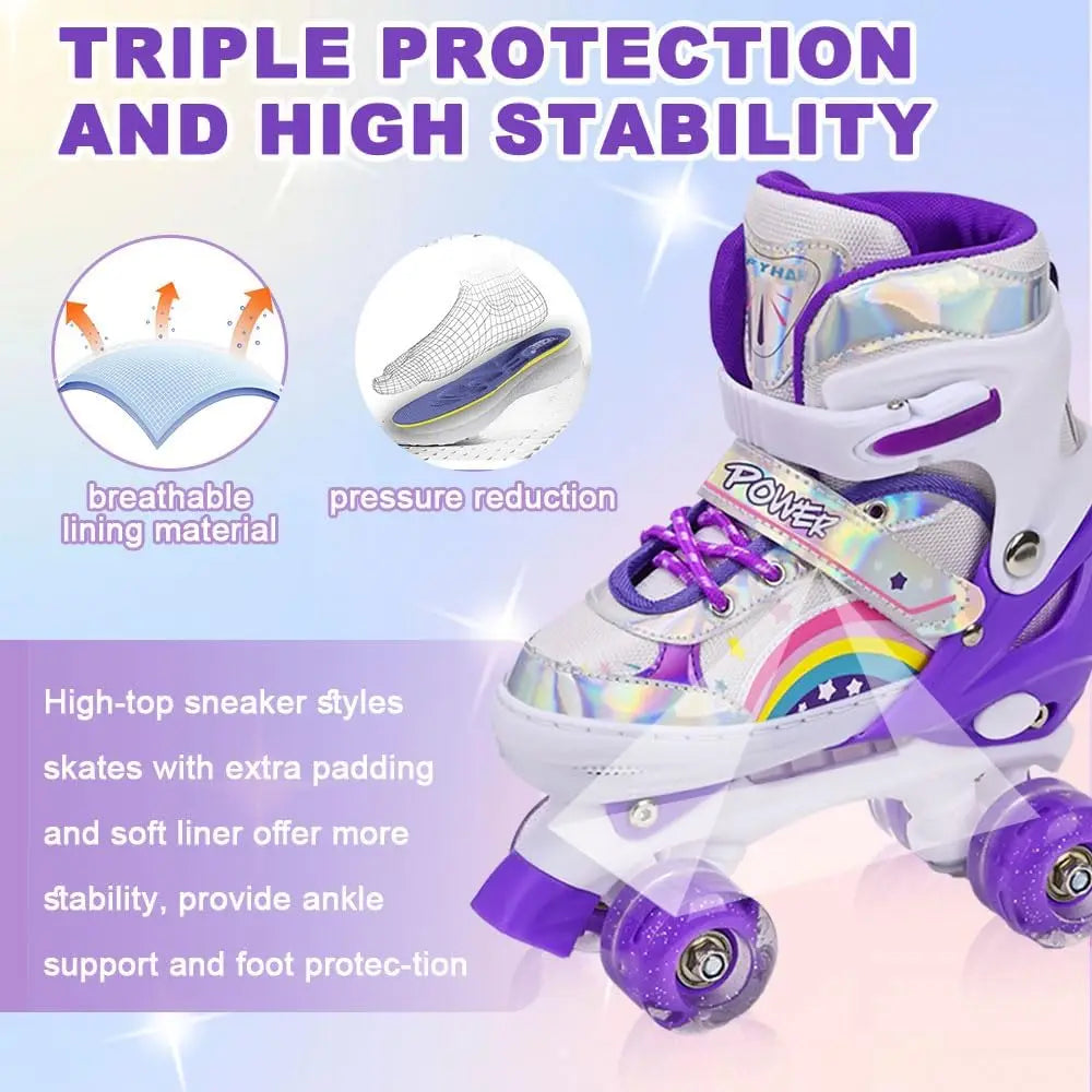 Boys Girls Kids Skates Children Roller Skates Skating Shoes Sliding Adjustable Quad Sneakers PU Flashing 4 Wheels Roller Skates