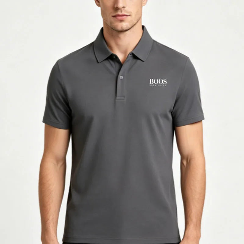 Men's Classic Letter Print Polo Shirt Breathable Lapel Short Sleeve Solid Color Business Casual Golf Workwear Top Daily T-Shirt