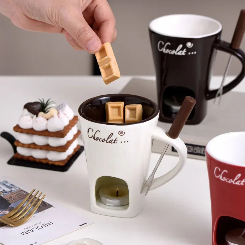 130ML European Candle Cup Cheese Chocolate Melting Ceramic Mug Heating Food Ceramic Mug with Fork Creative Coffee Mug Tableware